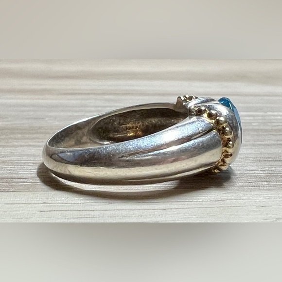 Vintage Designer Signed Sterling Silver & 14k Gold Beaded Blue Topaz Ring - Picture 5 of 11